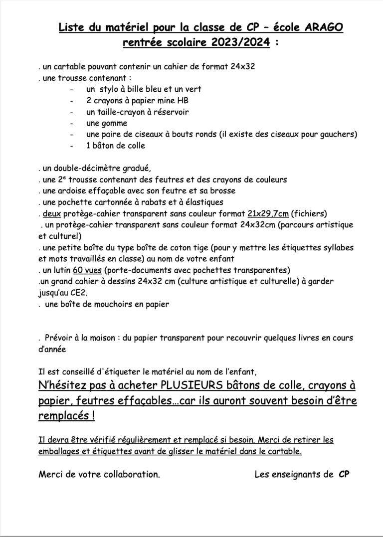 liste fourniture CP