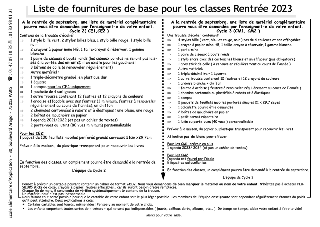 liste fournitures